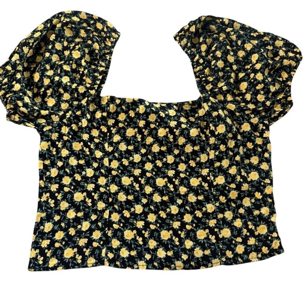 Forever 21 Floral‎ Puff Sleeve Smocked Back Top Yellow Black XL NWT